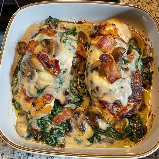 Smothered Chicken with Creamed Spinach, Bacon, and Mushrooms Recipe ๐๐๐ฅฌ