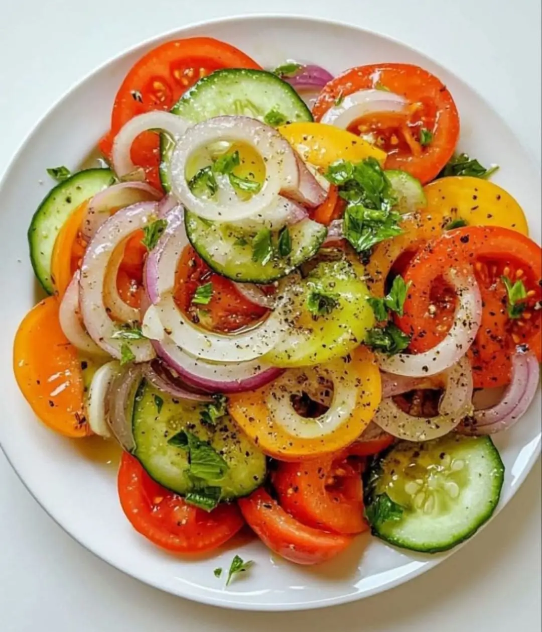 Classic Marinated Cucumber, Tomato, and Onion Salad